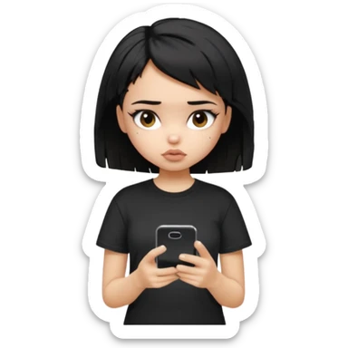 generate a pretty bratz girl with short black very messy hair, looking tired and using her phone, wearing an oversized black tshirt sticker
