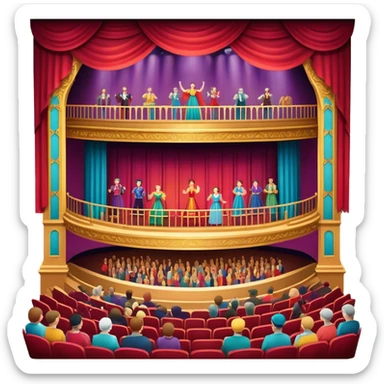 An icon showing a grand theater stage with actors performing in a vibrant play, surrounded by dramatic lighting. The audience watches from colorful balconies, adding to the lively atmosphere. The design captures the magic of live theater, set against a transparent background. sticker