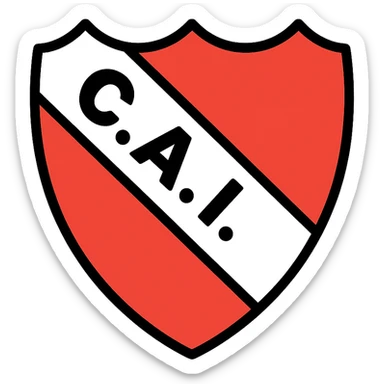 traditional soccer club shield with three-pointed top and rounded base, white border, red background, white diagonal stripe from upper left to lower right, black strong simple capitals 'C.A.I.' spaced and centered with black dots between letters sticker