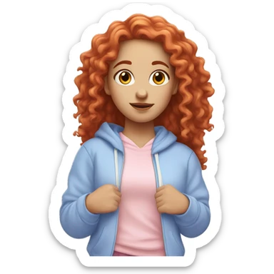 white girl with long red curly hair, wearing a pastel periwinkle hoodie doing a pose sticker