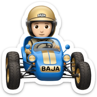 A small blue and gold dune buggy featuring a driver in a motorcycle helmet, with the word "BAJA" displayed on the side panel. sticker