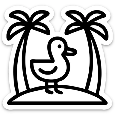 cartoon duck standing on an island with two coconut trees, outlined style, minimal color sticker