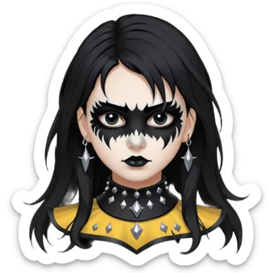Crea una ragazza con stile black metal,  paint face black metal, capelli neri, mossi dalle spalle e occhi bianchi e un collare con borchie a punta sticker