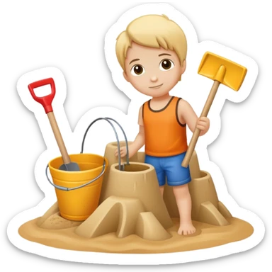 child with a bucket and shovel next to a sandcastle sticker