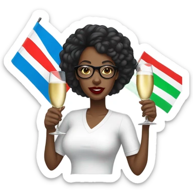 A bald black woman with glasses woman in a white tee shirt with red, black, and green flag in one hand and a glass of champagne in the other, with blue lipstick. sticker