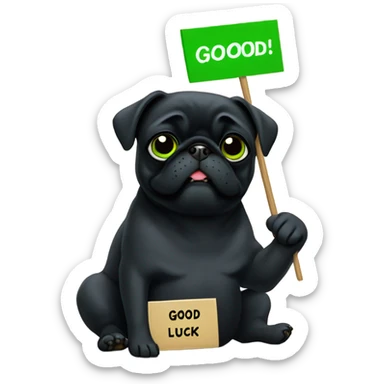 Black pug holding a green sign that says good luck  sticker