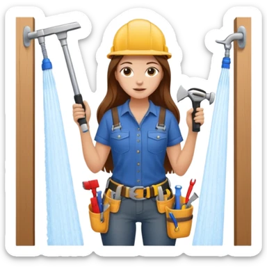 beautiful girl with long brown hair constructing new shower in bedroom sticker