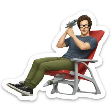 andy samberg sitting on a lawn chair on top of a fighter jet sticker