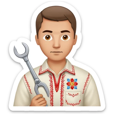 Ukrainian man with traditional embroidered shirt (vyshyvanka) holding a metal spanner wrench and red scissors sticker