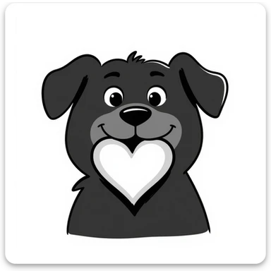 hand-drawn doodle of Golden Retriever and Chow Chow mix dog holding a heart in its mouth, sketchy lines, expressive face, shaded heart, white background sticker