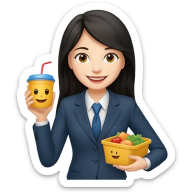 long dark haired woman with suit holding food container sticker