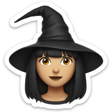 Girl with black hair and bangs wearing a witch hat sticker