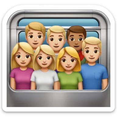 five happy people, mix of women and men, close with each other, inside a subway car resembling Apple emoji subway, wearing t-shirt style clothes in different light colors, Apple emoji style sticker