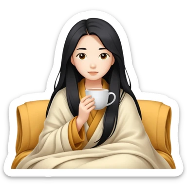 Asian girl with long black hair wrapped in a blanket and drinking tea sticker