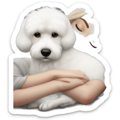 White dog Bichon Frise sleeping on brunette white girl's lap sticker