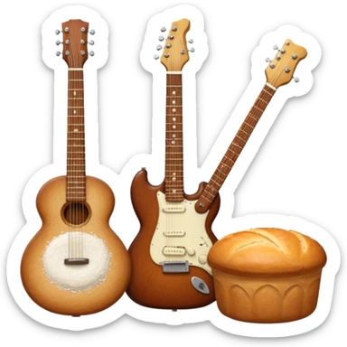a bottle of salt (salt shaker) and a loaf of peasant bread with a small SG Gibson electric guitar sticker