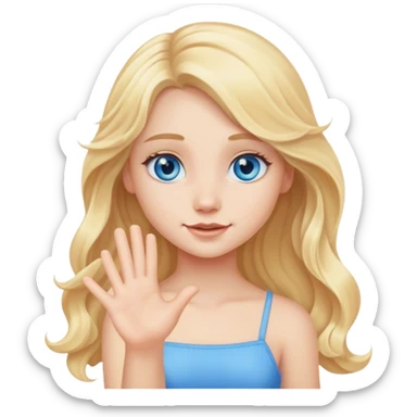 A cute blonde girl with long hair and blue eyes waves arm hello sticker
