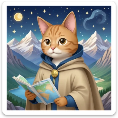 Explorer cat holding a map, mountains and stars in background, wearing light explorer clothing with flowing cloak, looking into distance sticker
