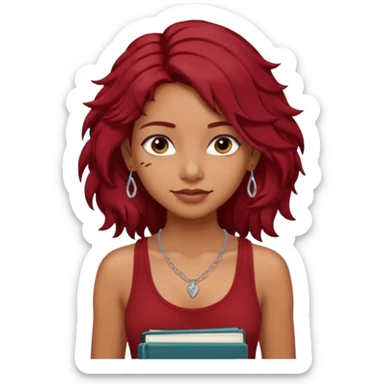 a pretty tan indian bratz girl with messy dark wavyred hair, wearing a dark red tank top, layered silver necklaces. Carrying multiple sketchbooks sticker