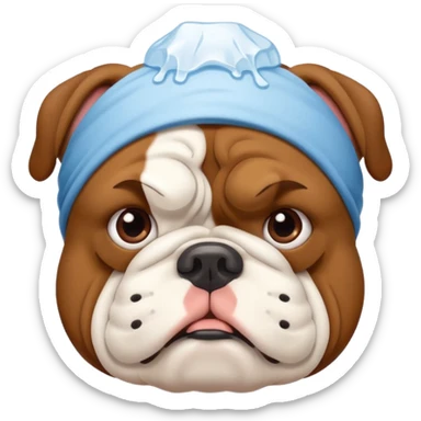 Bulldog with an ice pack on his head sticker