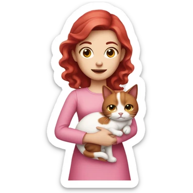 Dark Red hair, white skin wearing pink dress girl who is holding a cat sticker