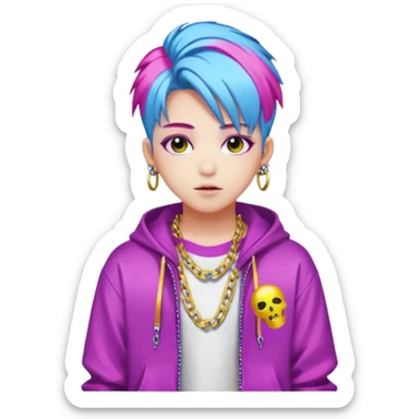  portrait-of-young-ghost-idol-in-kpop-style,-wearing-flashy-streetwear-outfit,-colorful-dyed-hair,-confident-pose,-accessorized-with-chains- sticker