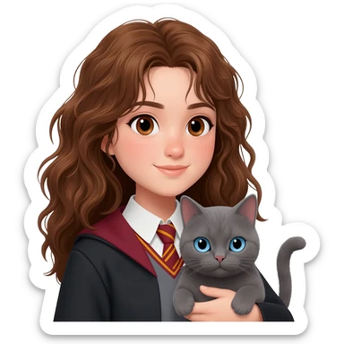 asian ravenclaw girl student with long brown messy wavy hair and brown eyes, holding a gray cat with blue eyes sticker