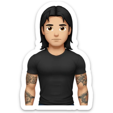 Spanish male.
Untucked loose fitting black t-shirt. 
long black hair.
muscular.
Even More tattoos. 
Peaceful sticker