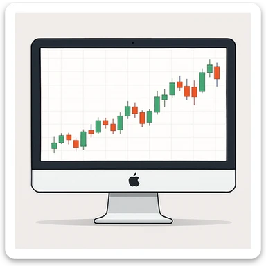 an iMac computer with a stock candlestick graph displayed on the screen, modern, clean, digital illustration sticker