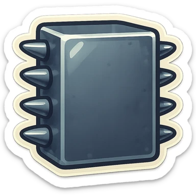 head-on view of a metal slab with many short, fat spikes evenly spaced along each visible side edge, no spikes on the corners, large blank front face, retro sticker style sticker