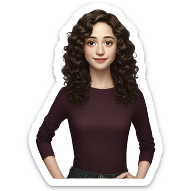 Emmy Rossum Teenager long dark brown curly hair, hyperreal photoreal sticker
