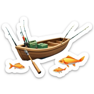 Icon for Fishing Travel: a boat on a calm lake surrounded by mountains and lush greenery, with fish jumping out of the water, a fishing rod, tackle box. The icon should capture the peaceful and adventurous nature of fishing trips. Transparent background. sticker
