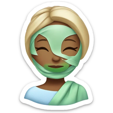 A girl’s face with a blue relaxing spa mask on, her eyes closed, with a peaceful and serene expression. Her hair is tied back with a towel wrap, and there are small details of cucumber slices placed over her eyes. sticker