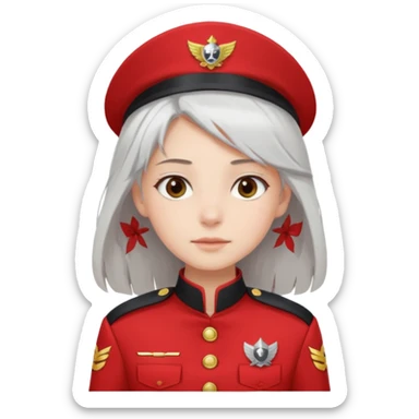 a girl with white loose hair, gray eyes maintains a calm expression on her face in a red captain's uniform to the waist sticker
