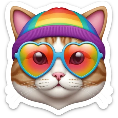 cat wearing a rainbow beanie and heart-shaped sunglasses sticker