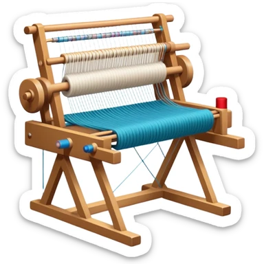 Weaving icon, loom with threads in various colors, visible shuttle, spools of yarn, and weaving tools in progress, fabric being woven, minimalistic style, clean lines, transparent background. sticker