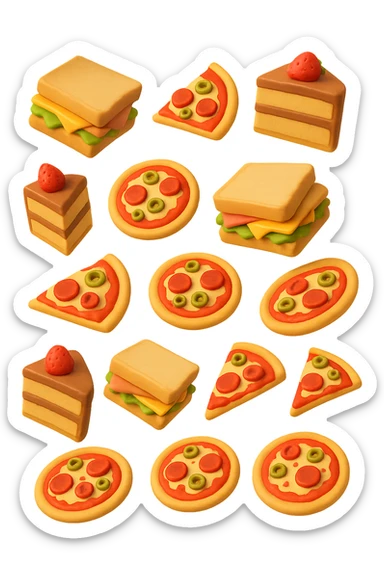 pizzette, fette di torta e panini, fluttuano in aria in 3d, sfondo bianco sticker