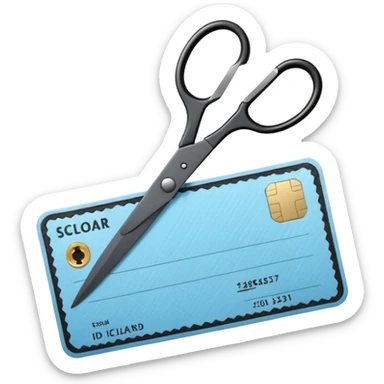 Floating black Scissors cutting a light blue military ID card in 2 parts .hyper realistic sticker