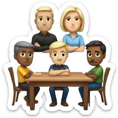 6 Caucasian people sitting around a table looking unhappy sticker