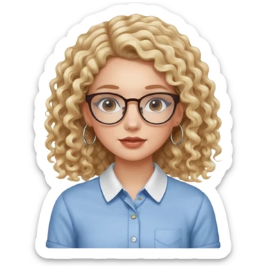 cute white girl with not volominous VERY LONG blonde curly hair with balayage, brown eyes, full lips, natural clean girl makeup and hoop earrings and square glasses, collared shirt sticker
