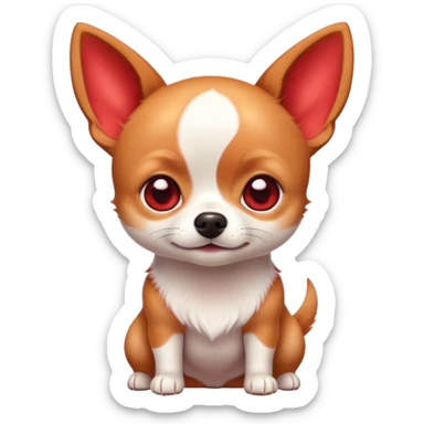 Cinematic Cute Red/White Short Haired Chihuahua Portrait Emoji, Head tilted playfully and inquisitively, smooth red and white fur with a vibrant sheen, round, sparkling dark eyes filled with curiosity, Simplified yet irresistibly adorable features, highly detailed, glowing with a warm, friendly glow, high shine, affectionate and lively, stylized with a touch of whimsy, bright and endearing, soft glowing outline, capturing the essence of a mischievous yet loving pup, so playful it feels like it could bound out of the screen and into your arms! sticker