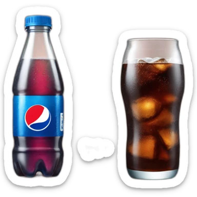 A plastic bottle of Pepsi cola next to a glass of cola sticker