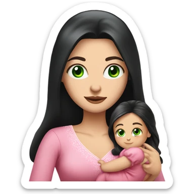 Beautiful Russian lady with green eyes and very long black hair pink clothes holding baby  sticker