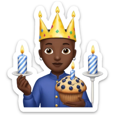 Blueberry Muffin celebrating birthday. Make sure it actually looks like a muffin with candles. Somebody holding it with party hat and bald sticker