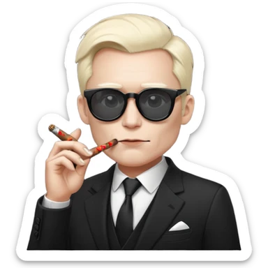 Minimalist emoji-style sticker of a devilish producer in black suit, tiny horns, dark sunglasses, and a smoking cigar, grayscale tones, matte style sticker