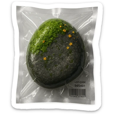 smooth stone with thick moss and scattered small flowers, glossy sticker