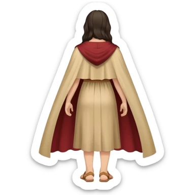 fullbody backview of Mary Magdalene, dark hair, plain light tan dress, cape, brown sandals sticker