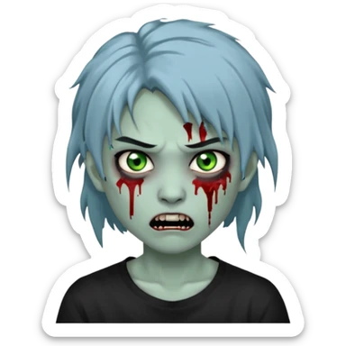 3D emoji-style avatar with very pale blue-grey zombie skin, dark brown hair, a young Asian face, and large green eyes with blood tears. Give it white litle bit messy mullet hair style , silver hoop earrings, and a plain black T-shirt. The face expression should be slightly angry, with vampire fang sticker