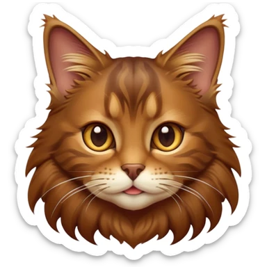 cinematic-cute brown-maine-coon-cat-portrait-emoji,-head-tilted-playfully-and-inquisitively,-sleek--brown-and-gold-tones-with-hints-of-deep-auburn-fur,-simplified-yet-adorable-features,-highly-detailed,-glowing-with-a-warm,-friendly-glow  sticker