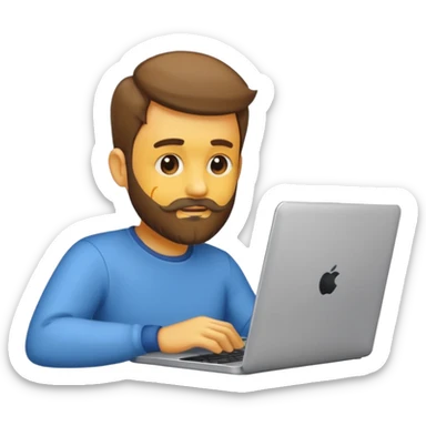 Emoji de un hombre joven con barba corta usando una laptop, estilo emoji moderno y minimalista, colores planos, líneas limpias, expresión amigable, fondo transparente. sticker